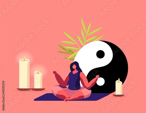 Female Character Meditate with Feng Shui Symbols Yin Yang and Candles around. Woman Meditating in Lotus Pose, Yoga
