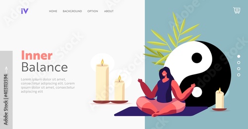 Female Character Meditate with Feng Shui Symbols Landing Page Template. Woman Meditating in Lotus Pose, Yoga,