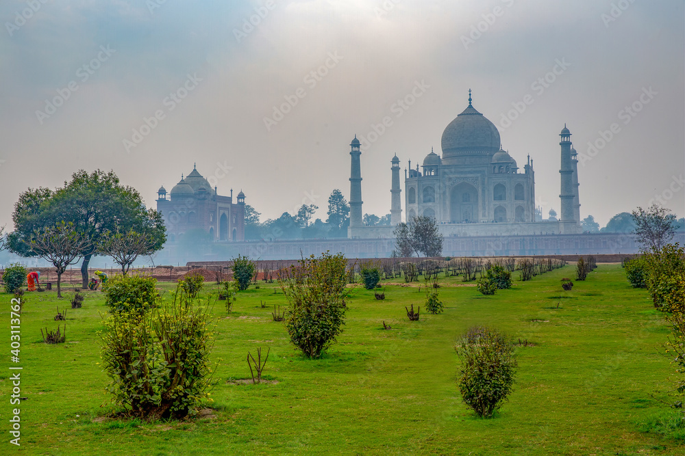 Morning view at Taj Mahal  from Mahtab Bagh garden  . A little fog in Agra. February .