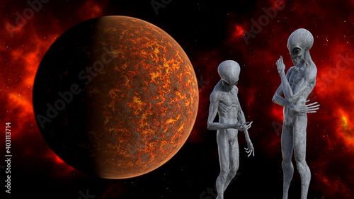 Illustration of two gray aliens standing in the foreground with a fiery red planet and nebula in the background.