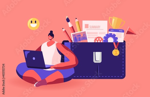 Woman Character Working on Laptop with Smiling Emoji above Head Sitting near Huge Portfolio Bag with Different Tools