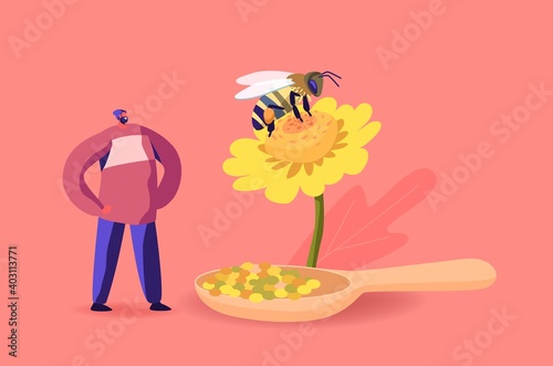 Tiny Male Character Stand at Huge Flower with Bee Collecting Flower Pollen for Making Propolis. Healthy Organic Apiary