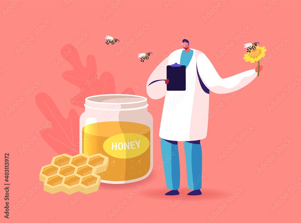 Doctor Character Hold Flower with Bee Flying around Glass Jar with Honey and Honeycombs with Bees Flying around Doctor Character Hold Flower with Bee Flying around Glass Jar with Honey and Honeycombs with Bees Flying around