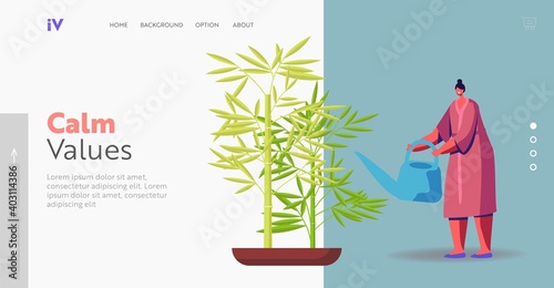 Woman Caring of Plant Landing Page Template. Feng Shui Chinese Culture, Hobby Concept. Happy Female Character Gardening