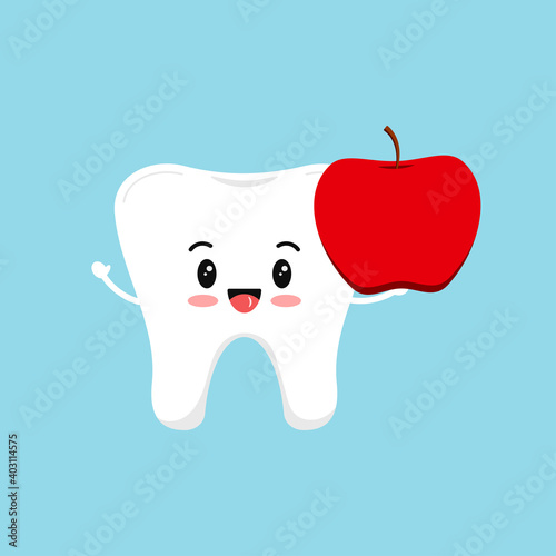 Cute tooth with apple food for dental health. Strong white tooth with fresh fruit. Children teeth hygiene and eating clipart. Flat design cartoon dentistry character vector illustration.