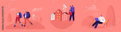 5g Network Wireless Technology Concept. People at Transmission Tower Using High-speed Mobile Internet at Digital Devices