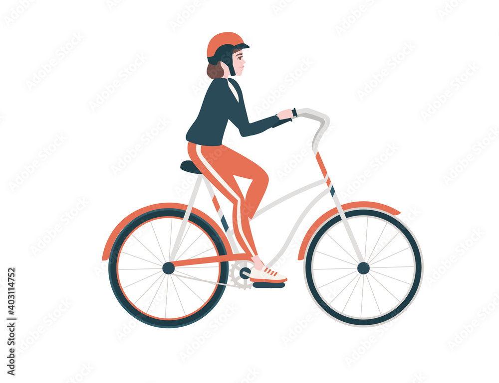 Side view of woman riding red bicycle cartoon character design flat vector illustration isolated on white background Side view of woman riding red bicycle cartoon character design flat vector illustration isolated on white background
