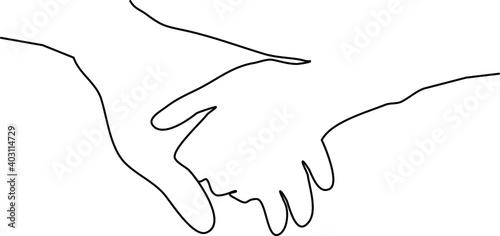 Two lovers hands in one line. Continuous drawing of one line. Valentine's card, Valentine's Day, wedding, romantic concept. Abstract hands of man and woman. Vector illustration.