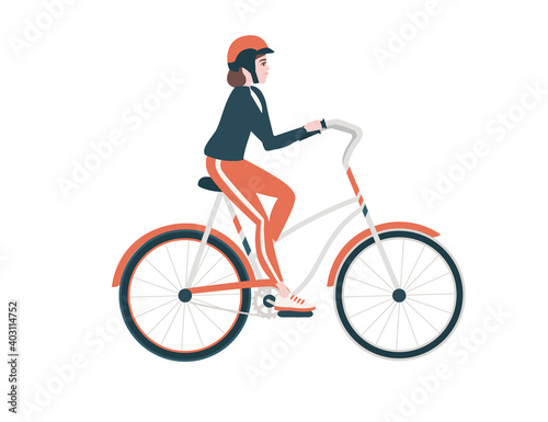 Side view of woman riding red bicycle cartoon character design flat vector illustration isolated on white background