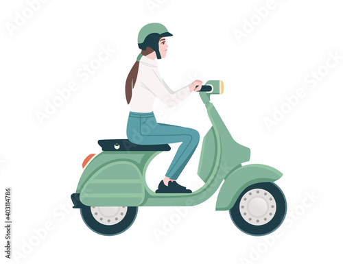 Side view of woman riding green retro scooter cartoon character design flat vector illustration isolated on white background