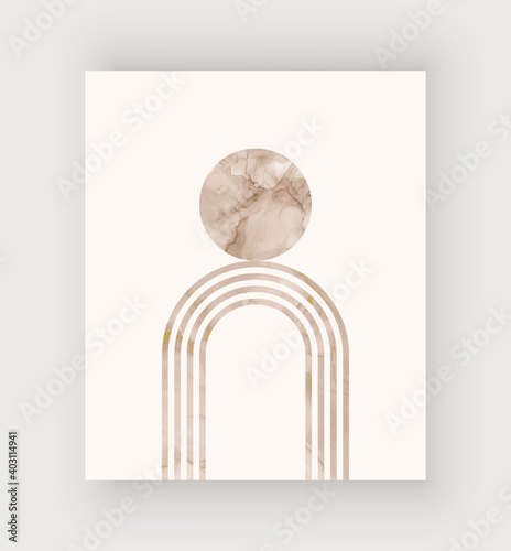 Boho mid century watercolor print with nude alcohol ink texture