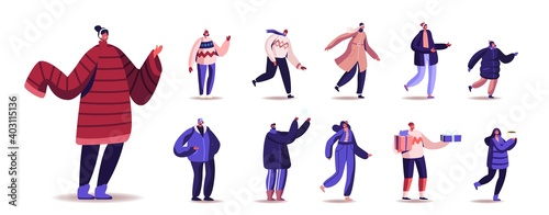 Set of Male and Female Characters Wearing Warm Clothes. Young People in Woolen Knitted Handmade Pullover, Scarves, Hats
