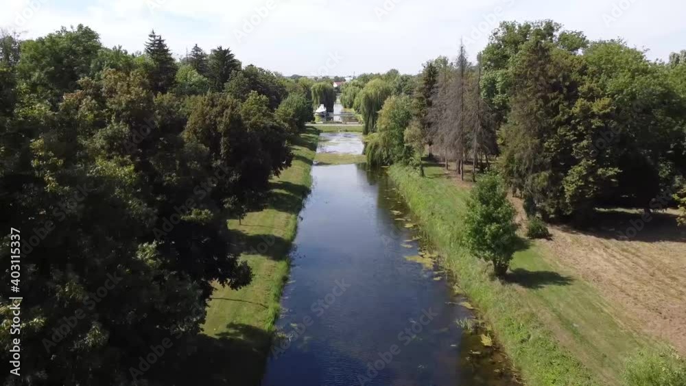 View of the canal in the park. Park from above. Summer in Lutsk. View from the top. Drone video. Ukraine. Europe View of the canal in the park. Park from above. Summer in Lutsk. View from the top. Drone video. Ukraine. Europe