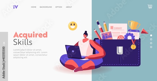 Office Worker, Freelancer Landing Page Template. Woman Character Work on Laptop Sitting near Huge Portfolio Bag