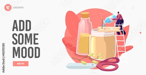 Home Decoration, Spa Decorative Design Element Landing Page Template. Tiny Female Character Stand on Ladder with Candle