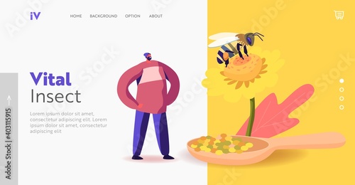 Organic Apiary Production Landing Page Template. Tiny Male Character Stand at Huge Flower with Bee Collecting Pollen
