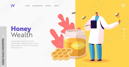 Apiary Healthy Production. Organic Natural Sweet Food Landing Page Template. Doctor Character Hold Flower with Bee