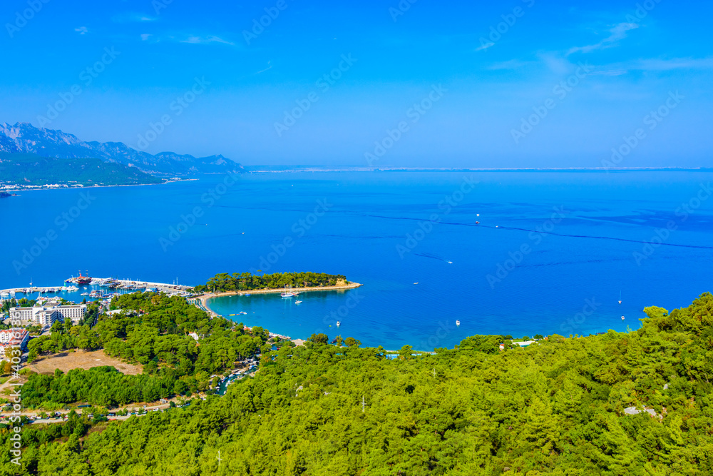 View on Mediterranean sea near the Kemer town. Antalya city on horizon