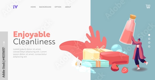 Body Care Lather Producing Landing Page Template. Creative Hobby, Workshop. Tiny Character Making Composition of Soap