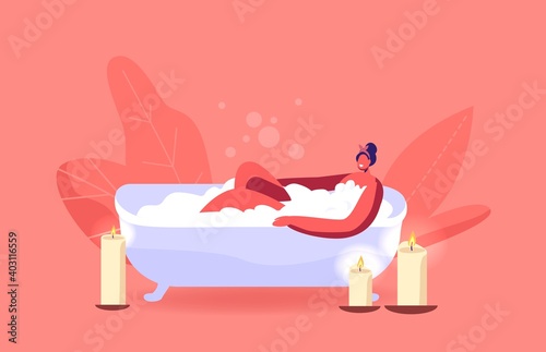 Young Woman Relaxing in Bath with Foam and Burning Candles in Spa or Home. Happy Female Character Beauty Procedure