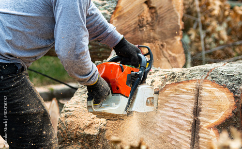 Landscaper slicing up up large tree stump with a chainsaw