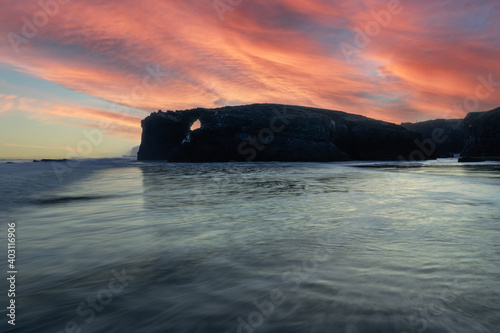 Sunrise at one of the most famous beaches in Spain, Las Catedrales!