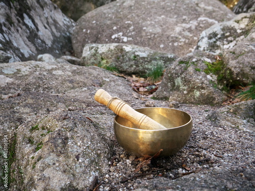 A singing bowl set on a large rock in nature