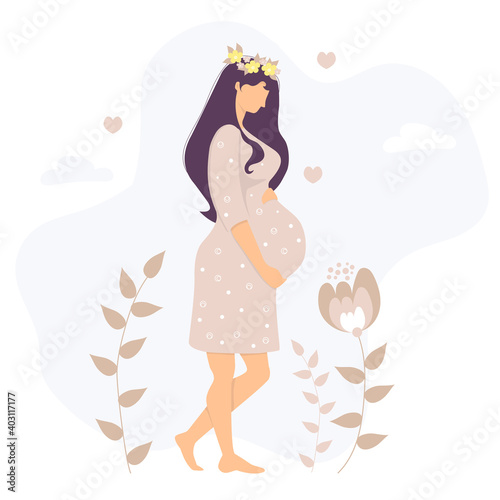 Motherhood. Happy young pregnant woman with a wreath of flowers on her head hugs her stomach with hands. Stands against a background of leaves, flowers, hearts and clouds. Vector illustration