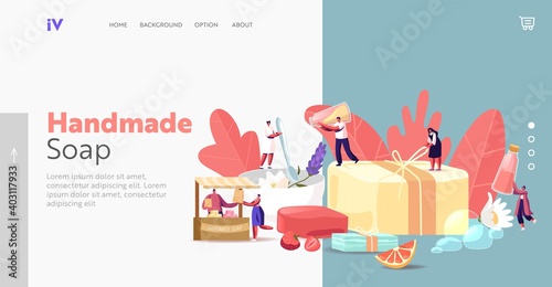Handmade Soap Producing Landing Page Template. Tiny Characters Making Craft Lather of Natural Organic Ingredients, Fruit
