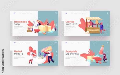 Handmade Soap Producing Landing Page Template Set. Tiny Characters Make Craft Lather of Natural Organic Ingredients