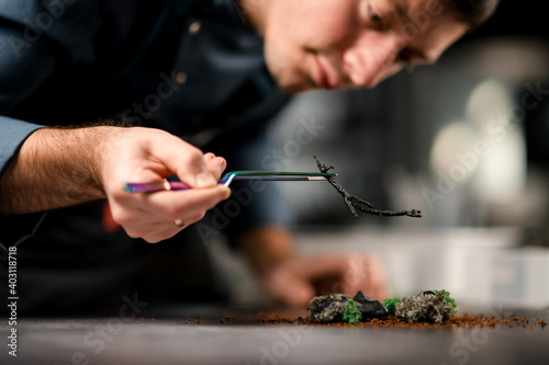 view of an incredible dish that male chef decorates with twig