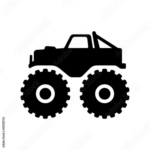 Monster truck icon. Black silhouette. Side view. Vector flat graphic illustration. The isolated object on a white background. Isolate.