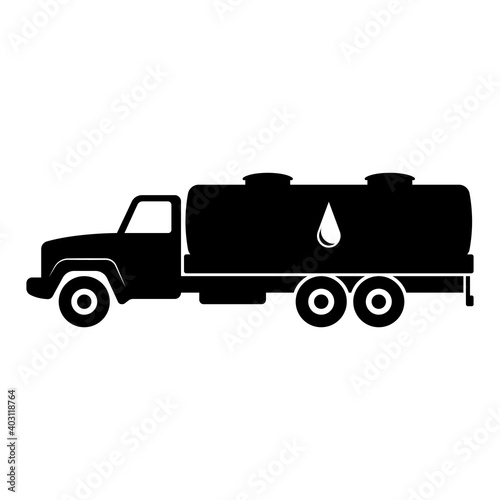 Oil tanker icon. Gasoline tanker. Tank truck. Black silhouette. Side view. Vector flat graphic illustration. The isolated object on a white background. Isolate.
