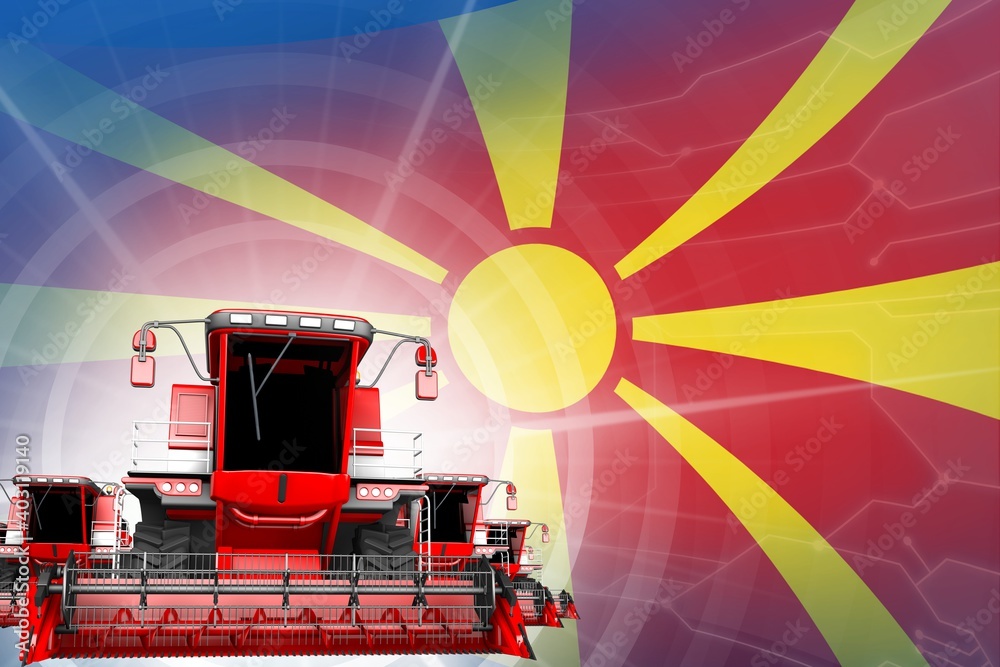 Digital industrial 3D illustration of red modern grain combine harvesters on Macedonia flag, farming equipment modernisation concept