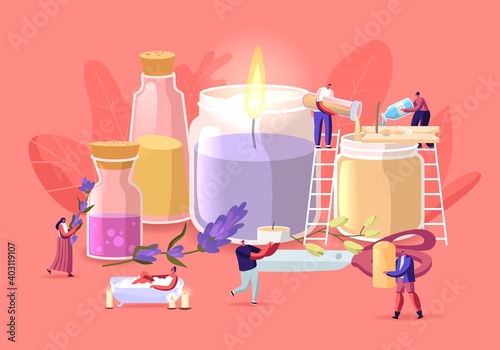 People Making Aroma Candles for Home Decor Concept. Tiny Characters Create Huge Candles Using Ingredients and Oils