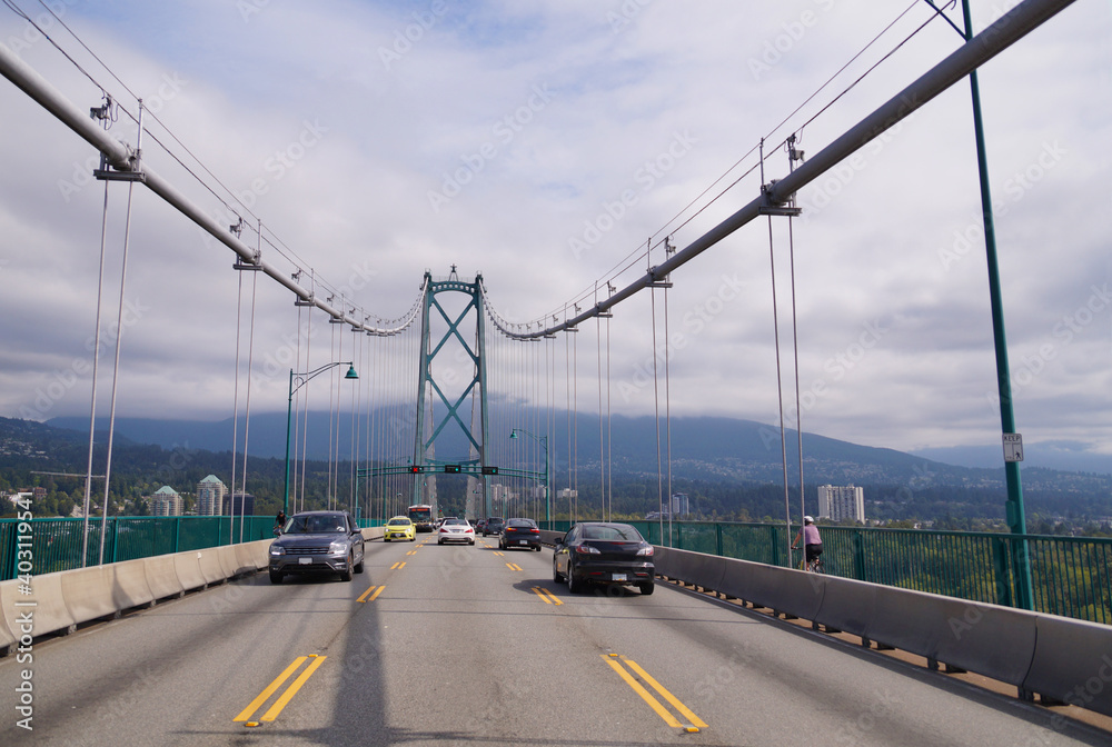Lions Gate Bridge Rd, suspension bridge in Vancouver, BC, Canada.