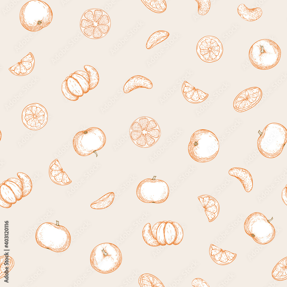 Mandarin, tangerine tree branch with fruits, flowers and leaves. Seamless pattern, background. Colored vector illustration. Isolated on white background..