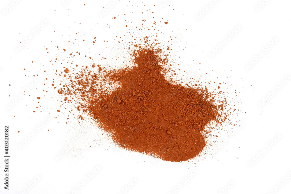 Pile of Red dirt (soil) on white. Heap of Red dry clay isolated on white background. Ochre, also spelled ocher, a natural yellow earth pigment. Pile of Red dirt (soil) on white. Heap of Red dry clay isolated on white background. Ochre, also spelled ocher, a natural yellow earth pigment.