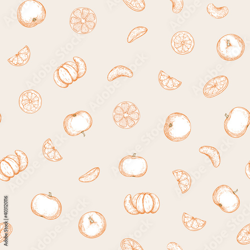 Mandarin, tangerine tree branch with fruits, flowers and leaves. Seamless pattern, background. Colored vector illustration. Isolated on white background..