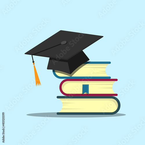 Graduation cap on books flat vector. Books step education. Academic and school knowledge illustration.