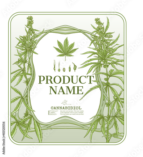 Cannabis Template for product label, cosmetic packaging. Easy to edit. In art nouveau style, vintage, old, retro style. Isolated on white background..