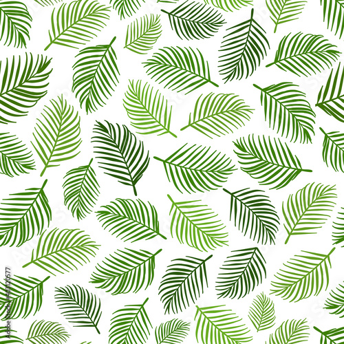 Tropical palm leaves flat vector illustration  green silhouette  over white background  seamless pattern.