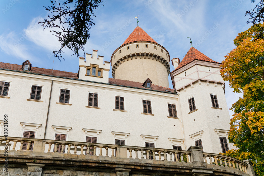 Historic Medieval Konopiste castle residence of Habsburg imperial family, white tower, terrace of romantic gothic baroque Chateau in autumn sunny day, Central Bohemia, Czech Republic