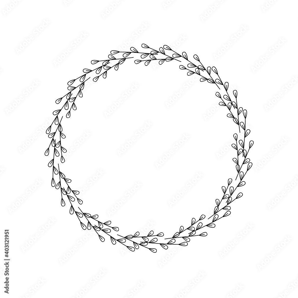 Round frame made of branches and leaves. Spring wreath of willow stems. Black outline drawing isolated on white background. Floral border for holiday invitation, logo, home decoration. Vector Round frame made of branches and leaves. Spring wreath of willow stems. Black outline drawing isolated on white background. Floral border for holiday invitation, logo, home decoration. Vector