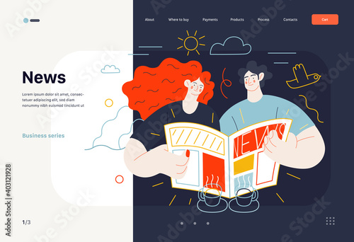 Business topics - news, web template, header. Flat style modern outlined vector concept illustration. A couple, man and woman reading a newspaper together. Business metaphor.