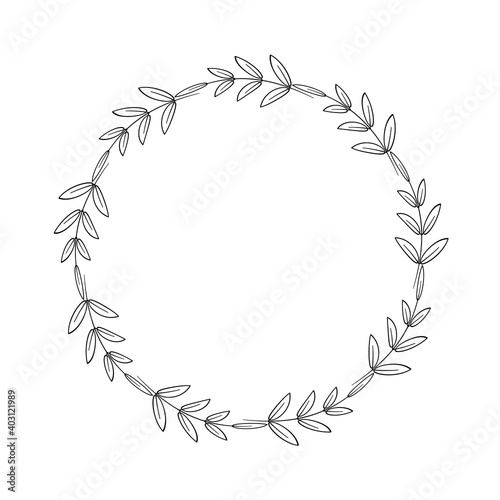 A simple wreath of twigs and leaves. Decorative border in a linear style. Elegant frame for logo, tags, scrapbooking, farmhouse decoration. Vector black illustration isolated on white background.