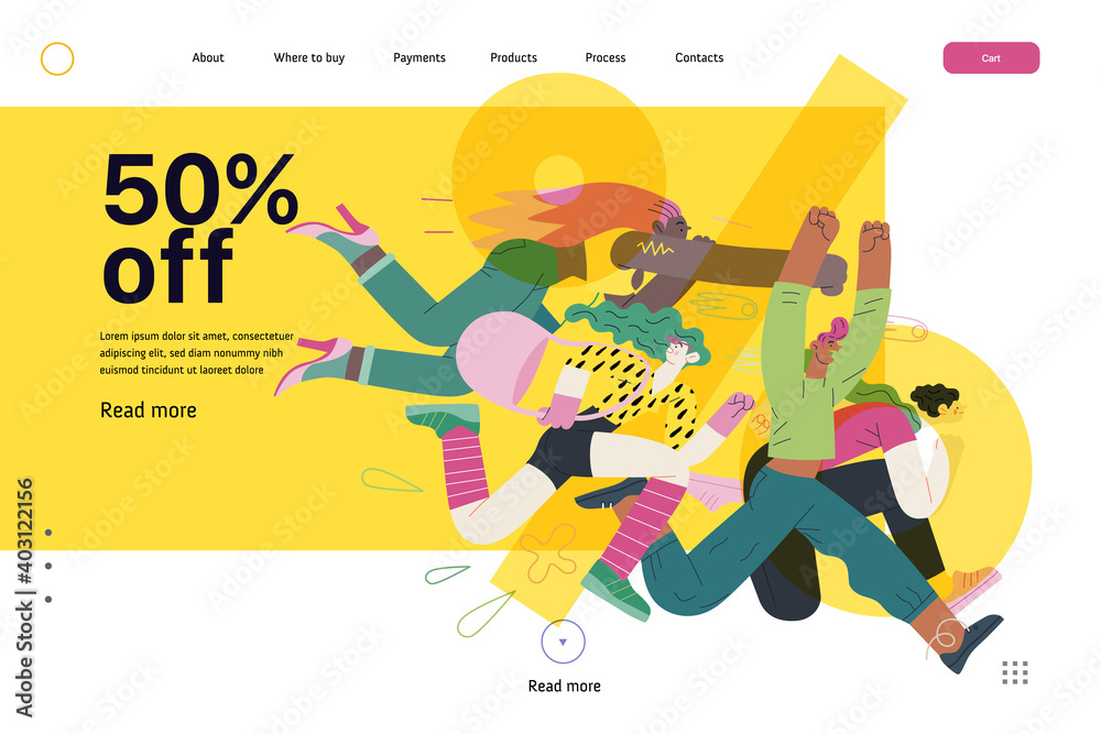 Discounts, sale, promotion, web template - modern flat vector concept illustration of people crowd running in the pursuit of the discounts, with a big percent sign on the background, 50 percents off