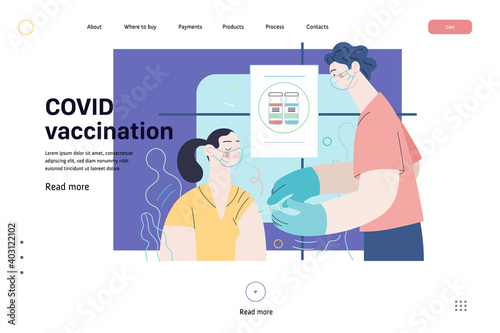 Medical insurance web page template- coronavirus COVID-19 vaccination -modern flat vector concept digital illustration of a therapist vaccinating a female patient, medical office or laboratory