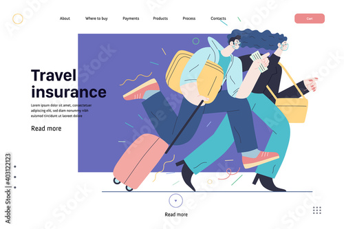 Travel insurance -medical insurance web page template -modern flat vector concept digital illustration - harrying young couple running with suitcases in the airport rush
