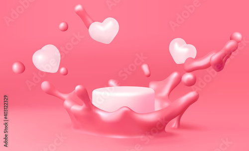Valentine's day love heart podium for product presentation template vector, strawberry milk splash 3d illustration